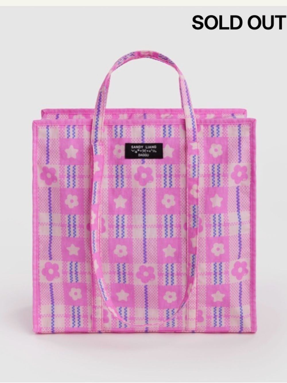Authentic Sandy Liang x Baggu Large Nylon Market Bag in Market Plaid Pink